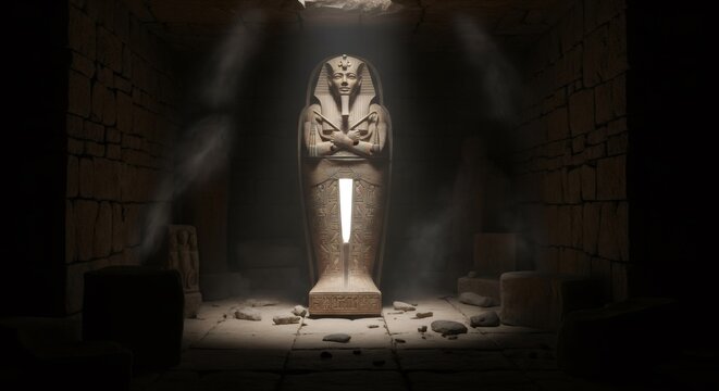 Ancient pharaoh sarcophagus in a dark, dusty tomb illuminated by a mysterious light. Egyptian mythology and a mystical treasure concept.