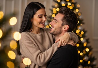 Happy young couple embracing in front of a Christmas tree. Romantic man and woman smiling and celebrating the winter holidays together at home