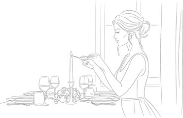 Elegant woman lighting a candle at a beautifully set table for a special dinner
