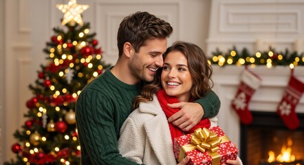 Fototapeta premium Happy young couple celebrating Christmas at home. Man hugging woman holding a red gift box near Christmas tree and fireplace. Romantic holiday concept