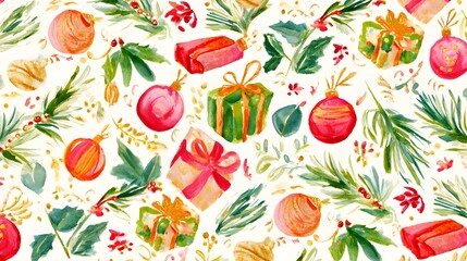 Festive watercolor Christmas pattern featuring gifts tinsel ornaments pine branches and joyful holiday decorations