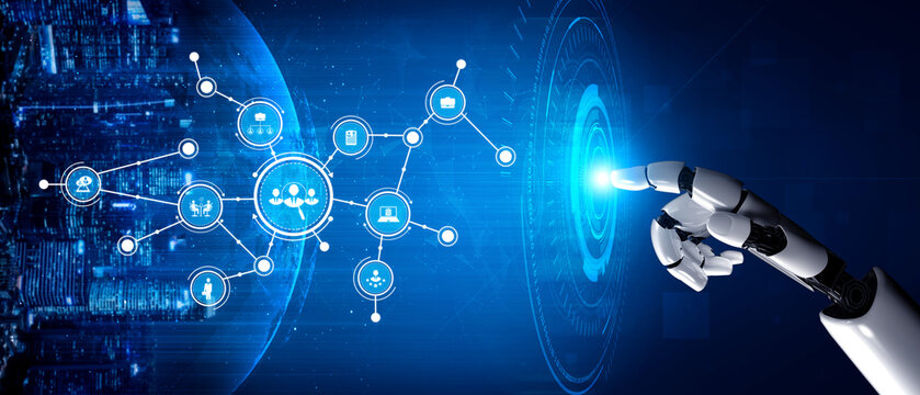 A futuristic robotic hand interacts with a glowing digital interface, showcasing complex network connections against a lively cityscape at night, embodying technological innovation. Tessel