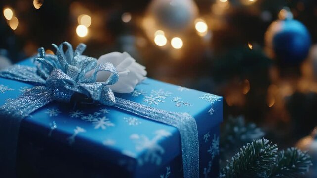 The festive atmosphere of Christmas time is evident in these beautifully wrapped gifts, each adorned with a bow and resting on a bed of holiday decorations. The blue wrapping paper adds a pop of color