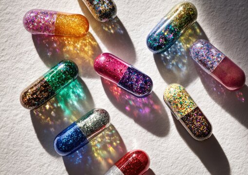 Close-up of colorful, glitter-filled capsules, casting shadows on a textured white surface