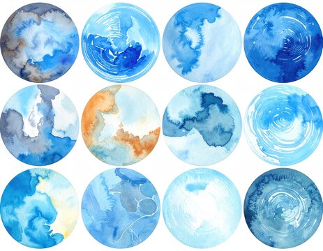 12 abstract watercolor circles in shades of blue/brown