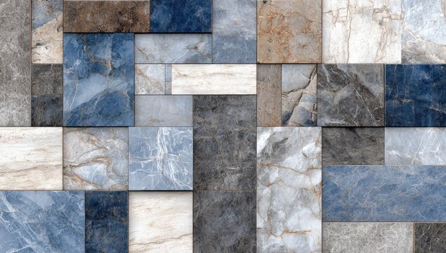 Abstract arrangement with a mosaic of rectangular and square tiles in shades of blue, gray, and brown