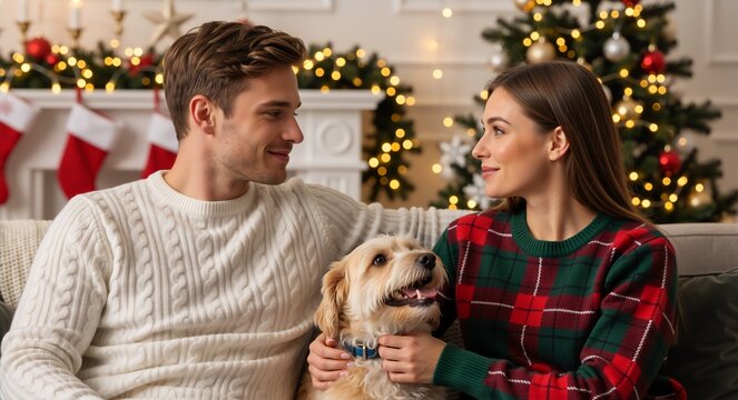 Happy couple sitting on a sofa with a dog during Christmas. Young man and woman in winter sweaters looking at each other in a festive living room with a fireplace and tree
