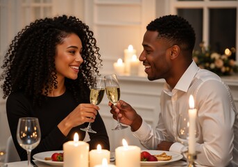 Romantic couple toasting with champagne during a candlelight dinner. Happy African American man and woman celebrating Christmas holiday date
