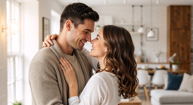 Romantic couple embracing and touching foreheads in a modern home. Happy young man and woman wearing cozy knitwear smiling. Love and relationship concept - Powered by Adobe