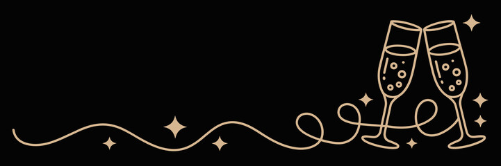 Minimalist line art of champagne glasses with stars on black background