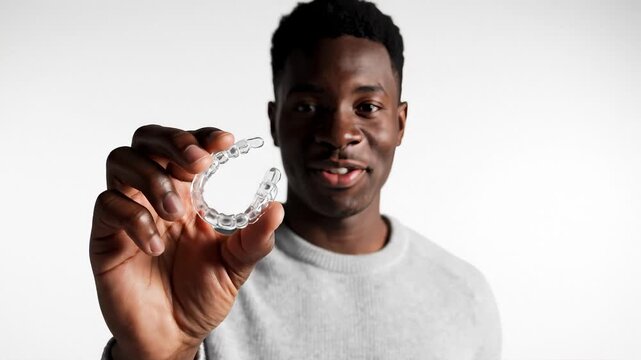 African Man Holding Clear Dental Aligners, Smiling Proudly