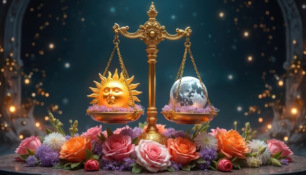 Golden balance scale holds radiant sun, full moon spheres. Perfectly balanced, surrounded by vibrant roses, purple blooms. Illustrates day, night harmony, Spring Equinox, seasonal change. Mystical - Powered by Adobe