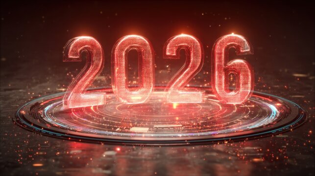 Futuristic digital representation of the year 2026 with glowing numbers and vibrant technology-based elements set against a dark background