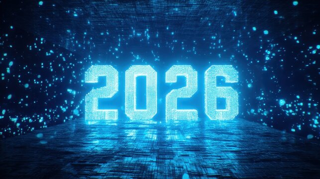 Futuristic digital display of the year 2026 glowing with neon blue lights and particles, representing technology and innovation in the new year