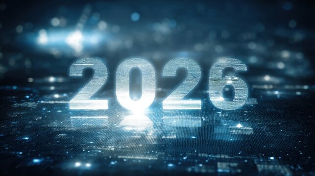Futuristic digital representation of the year 2026 with glowing numbers in a tech landscape showcasing lights and data visualization in a blue color scheme