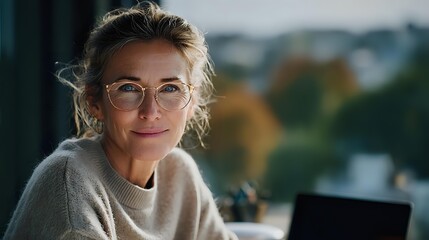 Confident young woman with glasses working from home on laptop, soft natural lighting highlighting her relaxed expression against blurred autumn cityscape.