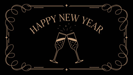 Happy New Year text with champagne toast in gold on black background