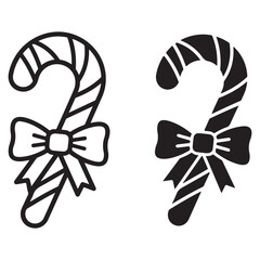 Striped Candy Cane Icons with Festive Bows in Outline and Solid Styles
