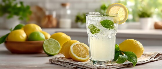 Refreshing homemade lemonade with mint leaves and ice in glass on wooden table, citrus fruits in background for summer drink preparation.