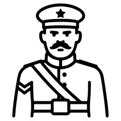 Vintage military officer in uniform with peaked cap, star badge, mustache, belt and shoulder strap—front-facing bust drawn in clean black outline, ideal for history apps, games, and branding.
