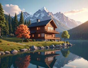 Lakeside cabin reflects in calm water with mountain backdrop