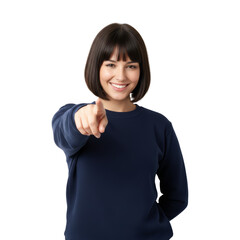 Enthusiastic woman with bob haircut points directly at the viewer with a smile