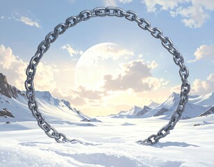 Circular chain in snowy landscape, moon visible