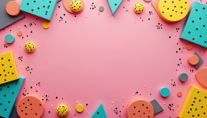 Retro 90s style design template has pink background. Various geometric shapes create funky playful look. It is suitable for party invitations or other festive events. Provides copy space.