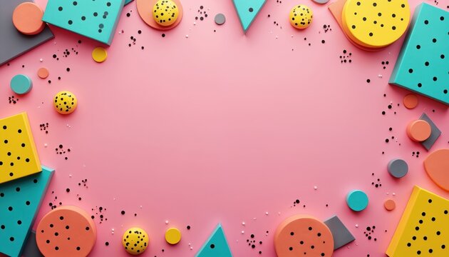 Retro 90s style design template has pink background. Various geometric shapes create funky playful look. It is suitable for party invitations or other festive events. Provides copy space.