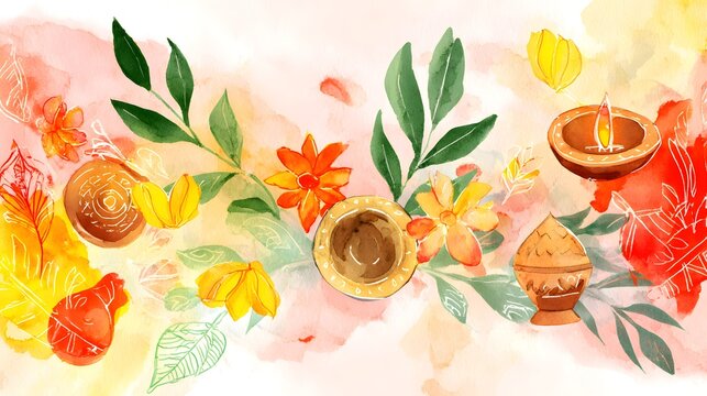Festive Tamil New Year watercolor illustration radiates warmth gold red green floral beauty