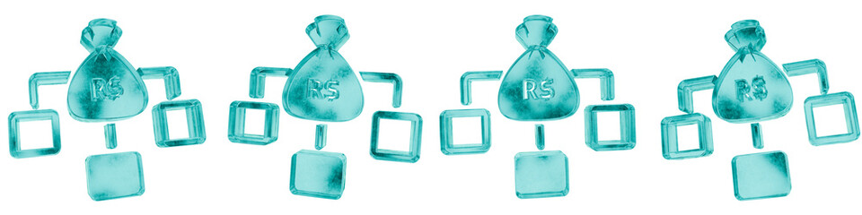 Set of four 3D brazil real income distribution shapes in frosted blue ice glass style, isolated on a transparent background. Glassmorphism icons and 3D elements for modern graphic design.