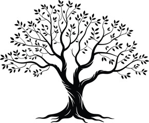 Elegant black tree silhouette illustration, detailed branches and roots, natural organic design, botanical artwork, decorative vector element for creative projects