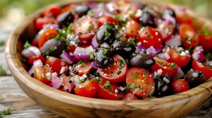 Fresh Mediterranean salad with cherry tomatoes, black olives, red onions, and feta cheese in wooden bowl, garnished with herbs for healthy eating.
