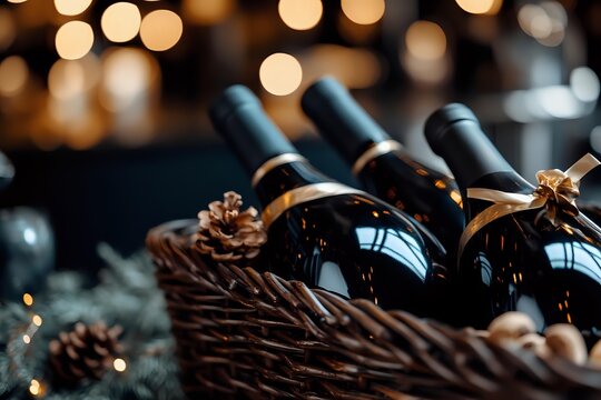 Wine bottles in wicker basket with pine cones and festive decorations against warm bokeh lights background for holiday celebration.