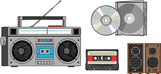 Vintage Media Collection Boombox, Cassette Tape, CD, and Speakers