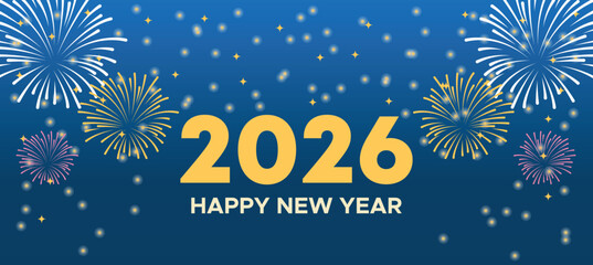 Happy New Year 2026 Banner with Gold Fireworks and Hanging Ornaments on Dark Blue Background