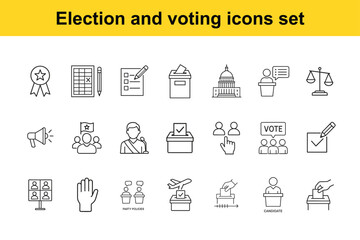 A comprehensive set of election and voting related line icons depicting civic duty and democratic processes