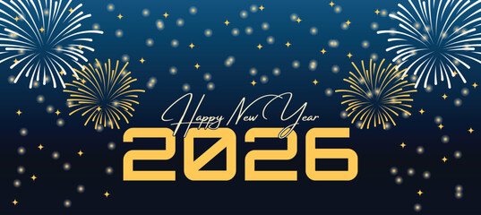 Happy New Year 2026 Banner with Gold Fireworks and Hanging Ornaments on Dark Blue Background
