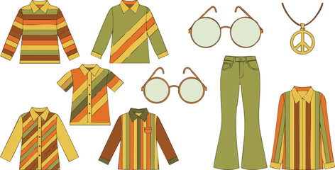Retro 70s Fashion Illustration with Striped Shirts and Round Glasses