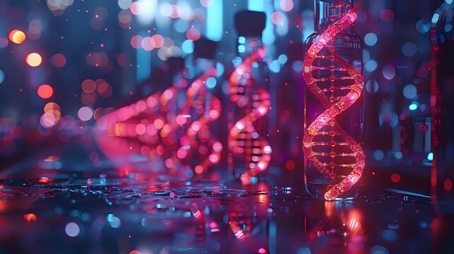 Glowing DNA helix structure with red illumination against blurred city lights background, representing biotechnology and genetic research.
