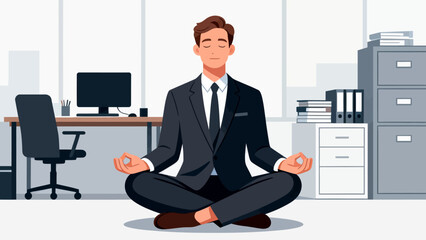 A businessman in a suit meditates in an office, emphasizing the importance of mental wellness and stress relief in a corporate environment.
