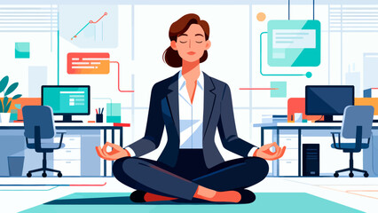 A businessman in a suit meditates in an office, emphasizing the importance of mental wellness and stress relief in a corporate environment.