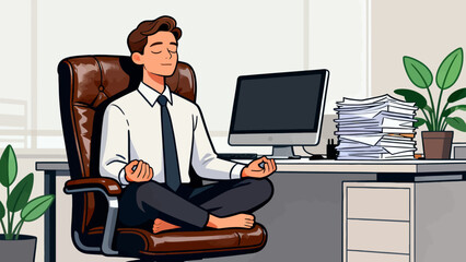 A businessman in a suit meditates in an office, emphasizing the importance of mental wellness and stress relief in a corporate environment.