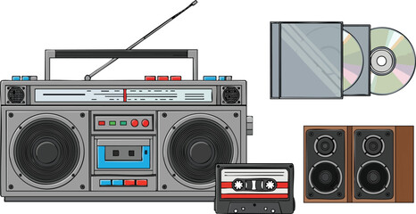 Vintage Audio Equipment Boombox, Cassette, CD Player, and Speakers