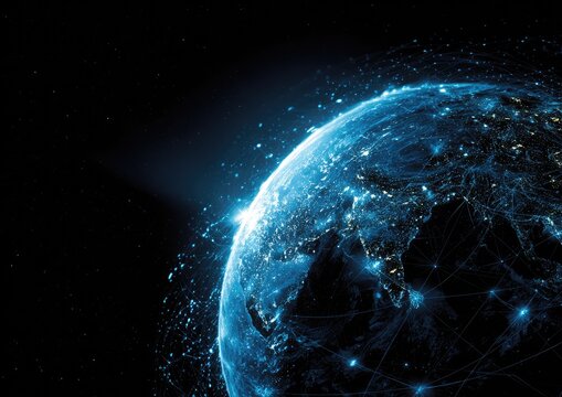 A glowing Earth view from space, highlighting connected cities and a bright blue atmosphere - Powered by Adobe