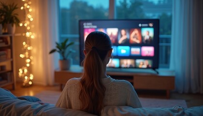 Woman watches content on smart TV at home. Girl relaxes on a sofa. Lady looks at a flat screen television set enjoying leisure time in cozy apartment at night.