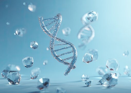 A luminous double helix strand of DNA floats among transparent crystal structures