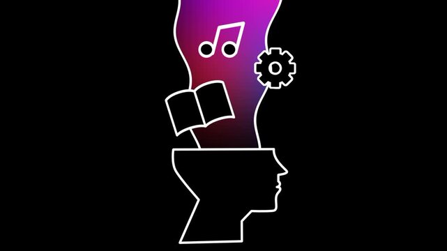 A head with floating symbols captures expressive creativity blending music, imagery, and ideas into multidimensional artistic and conceptual experiences.
