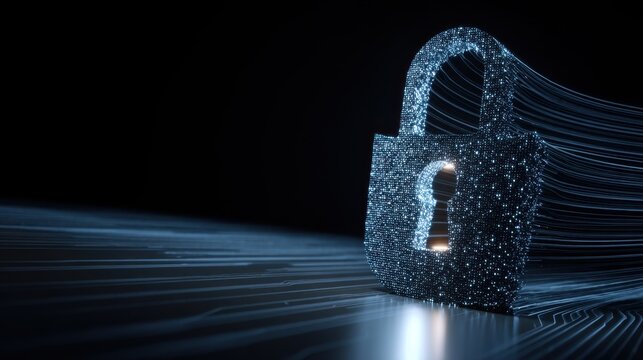 Futuristic Digital Padlock with Electric Glow and Streaming Light Effects Representing Cyber Security and Data Protection Concepts in Technology