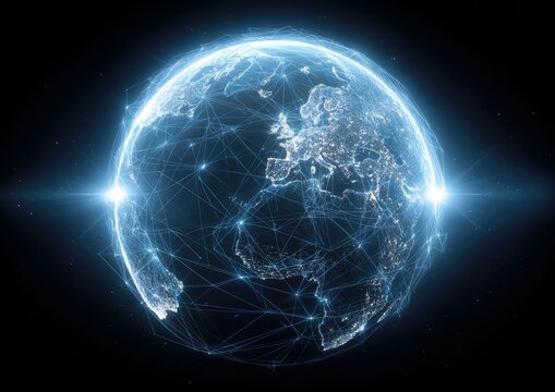 A digital rendering of the Earth illuminated by blue light with connecting lines